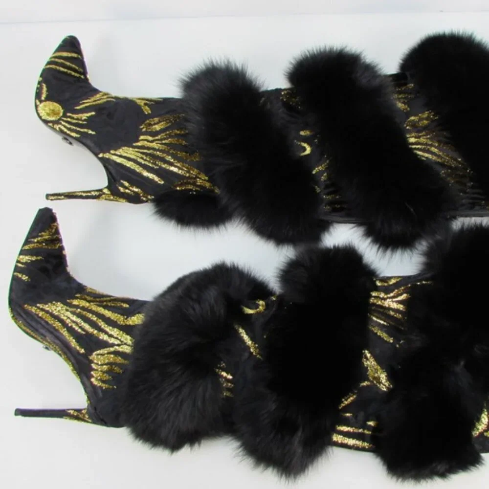 Jennifer Le BLK GLD X (RUNWAY) Thigh Boots RETAILS $1,150 REAL LEATHER & FOX FUR